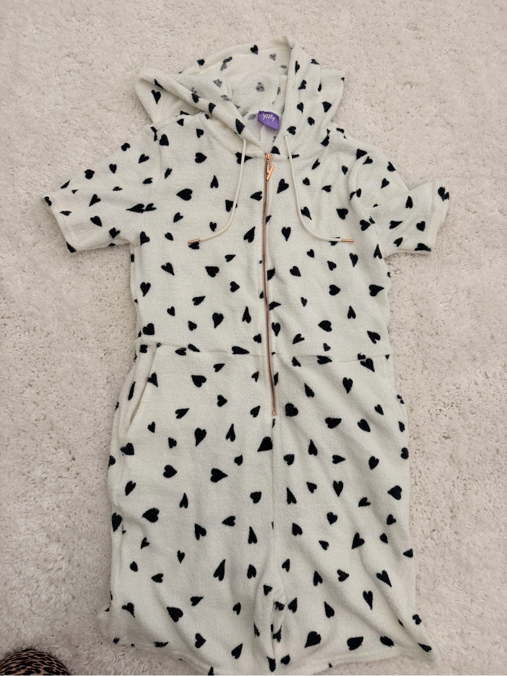YITTY Pet Me Short Onesie Romper - White with Black Hearts-Women’s XL